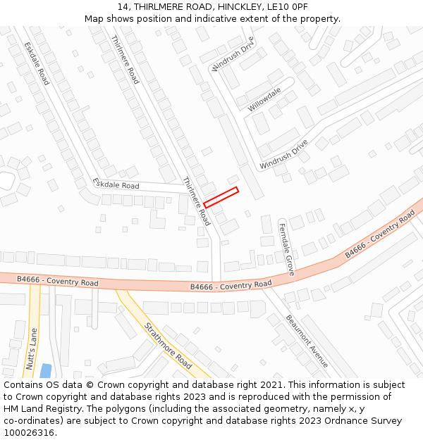 14, THIRLMERE ROAD, HINCKLEY, LE10 0PF: Location map and indicative extent of plot