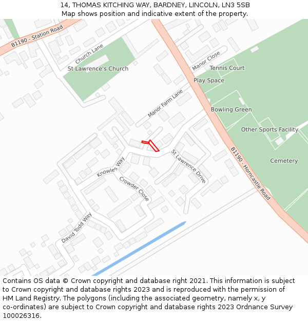 14, THOMAS KITCHING WAY, BARDNEY, LINCOLN, LN3 5SB: Location map and indicative extent of plot
