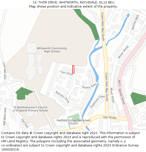 14, THOR DRIVE, WHITWORTH, ROCHDALE, OL12 8EU: Location map and indicative extent of plot