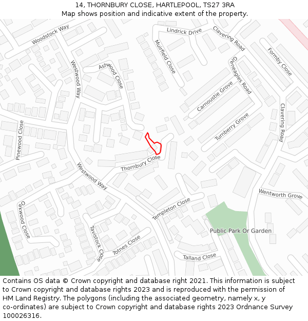 14, THORNBURY CLOSE, HARTLEPOOL, TS27 3RA: Location map and indicative extent of plot
