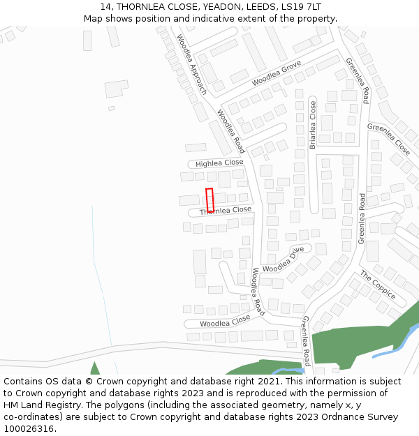 14, THORNLEA CLOSE, YEADON, LEEDS, LS19 7LT: Location map and indicative extent of plot