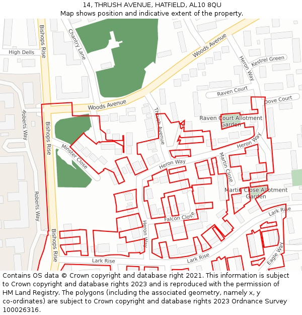 14, THRUSH AVENUE, HATFIELD, AL10 8QU: Location map and indicative extent of plot