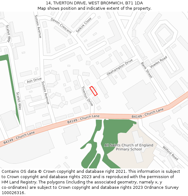 14, TIVERTON DRIVE, WEST BROMWICH, B71 1DA: Location map and indicative extent of plot