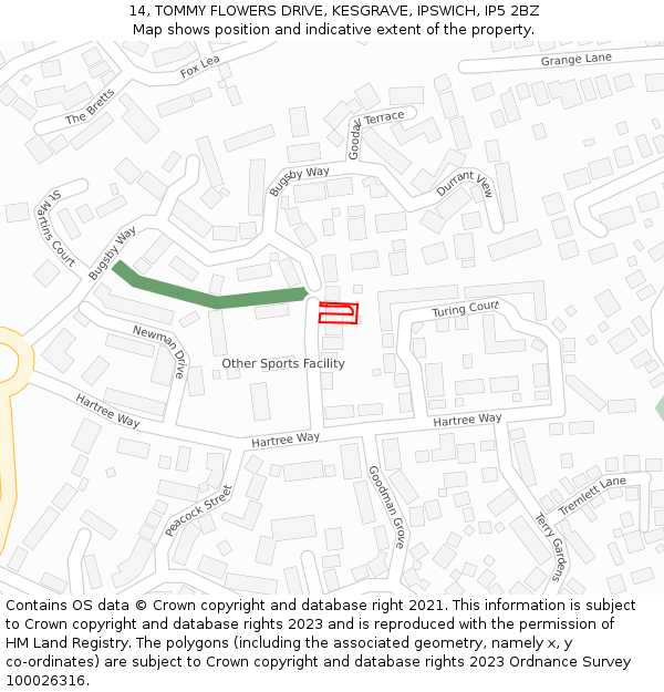 14, TOMMY FLOWERS DRIVE, KESGRAVE, IPSWICH, IP5 2BZ: Location map and indicative extent of plot