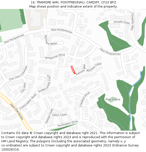 14, TRAMORE WAY, PONTPRENNAU, CARDIFF, CF23 8PZ: Location map and indicative extent of plot