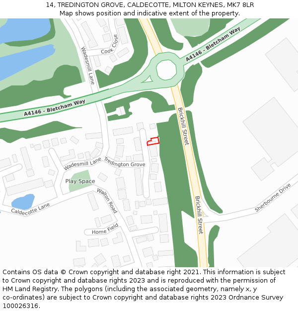 14, TREDINGTON GROVE, CALDECOTTE, MILTON KEYNES, MK7 8LR: Location map and indicative extent of plot