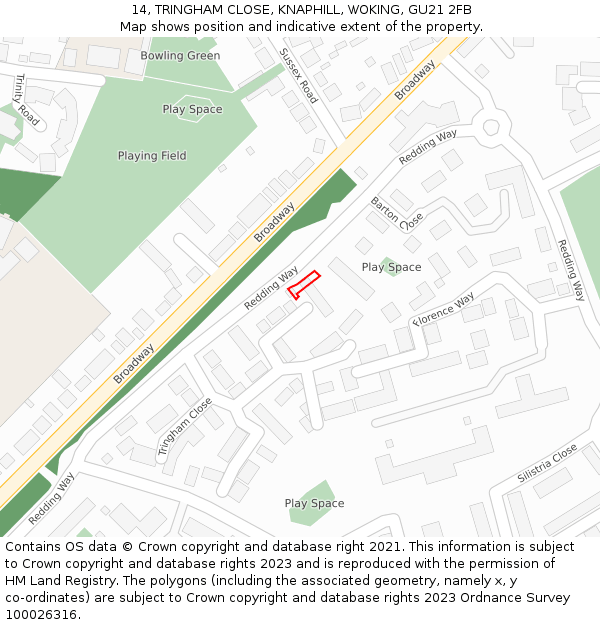 14, TRINGHAM CLOSE, KNAPHILL, WOKING, GU21 2FB: Location map and indicative extent of plot