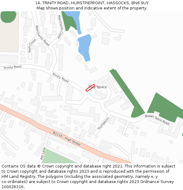 14, TRINITY ROAD, HURSTPIERPOINT, HASSOCKS, BN6 9UY: Location map and indicative extent of plot