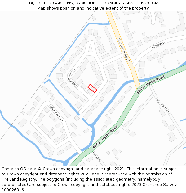 14, TRITTON GARDENS, DYMCHURCH, ROMNEY MARSH, TN29 0NA: Location map and indicative extent of plot