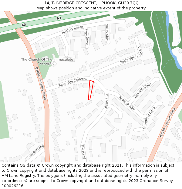 14, TUNBRIDGE CRESCENT, LIPHOOK, GU30 7QQ: Location map and indicative extent of plot