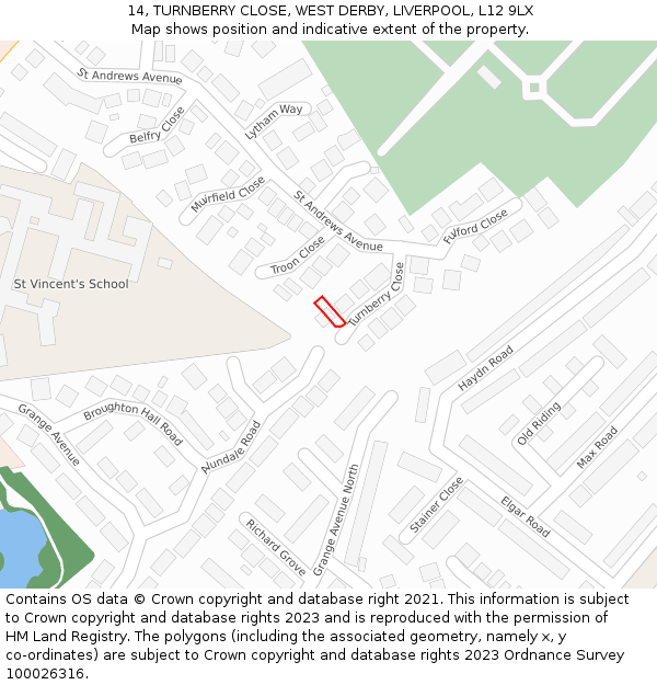 14, TURNBERRY CLOSE, WEST DERBY, LIVERPOOL, L12 9LX: Location map and indicative extent of plot
