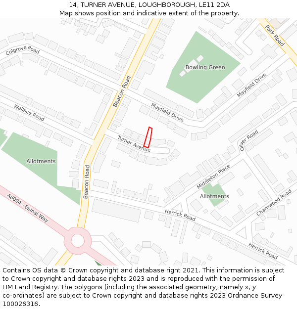 14, TURNER AVENUE, LOUGHBOROUGH, LE11 2DA: Location map and indicative extent of plot