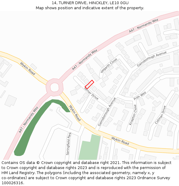 14, TURNER DRIVE, HINCKLEY, LE10 0GU: Location map and indicative extent of plot