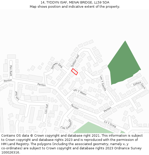 14, TYDDYN ISAF, MENAI BRIDGE, LL59 5DA: Location map and indicative extent of plot