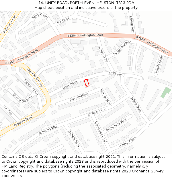 14, UNITY ROAD, PORTHLEVEN, HELSTON, TR13 9DA: Location map and indicative extent of plot