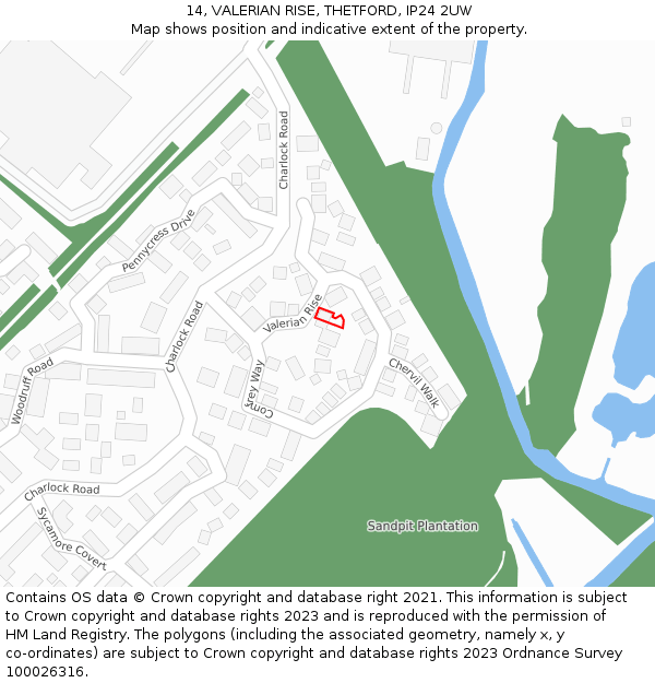 14, VALERIAN RISE, THETFORD, IP24 2UW: Location map and indicative extent of plot