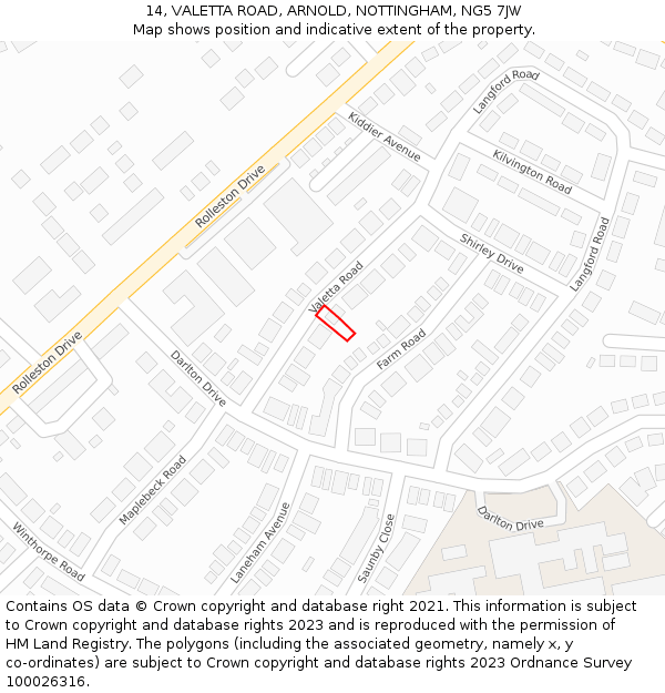 14, VALETTA ROAD, ARNOLD, NOTTINGHAM, NG5 7JW: Location map and indicative extent of plot