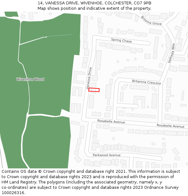 14, VANESSA DRIVE, WIVENHOE, COLCHESTER, CO7 9PB: Location map and indicative extent of plot