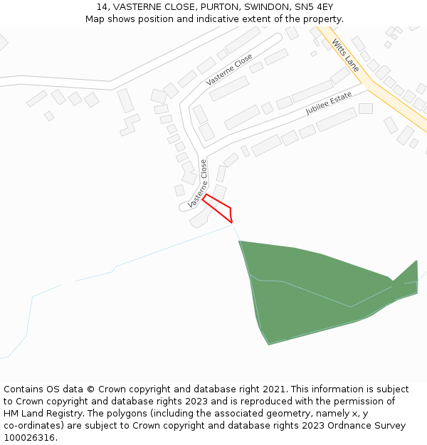 14, VASTERNE CLOSE, PURTON, SWINDON, SN5 4EY: Location map and indicative extent of plot