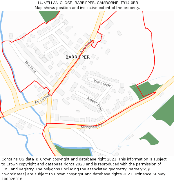 14, VELLAN CLOSE, BARRIPPER, CAMBORNE, TR14 0RB: Location map and indicative extent of plot