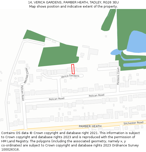 14, VERICA GARDENS, PAMBER HEATH, TADLEY, RG26 3EU: Location map and indicative extent of plot