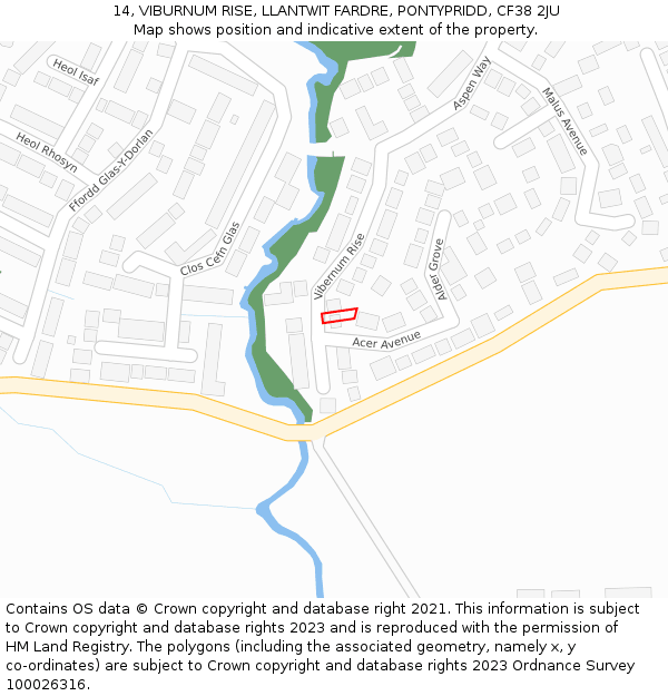 14, VIBURNUM RISE, LLANTWIT FARDRE, PONTYPRIDD, CF38 2JU: Location map and indicative extent of plot