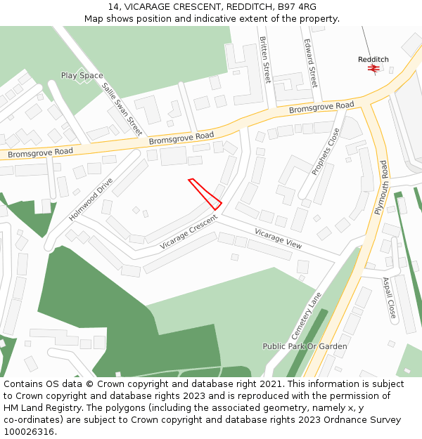 14, VICARAGE CRESCENT, REDDITCH, B97 4RG: Location map and indicative extent of plot