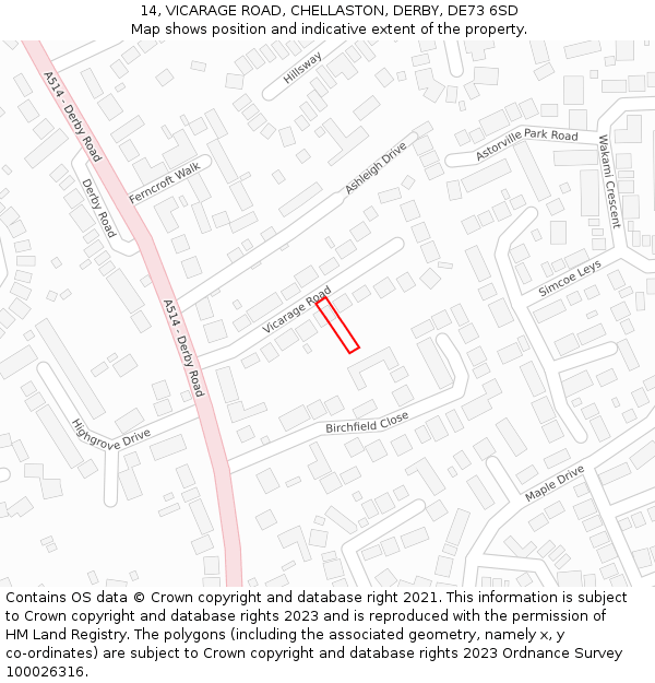 14, VICARAGE ROAD, CHELLASTON, DERBY, DE73 6SD: Location map and indicative extent of plot