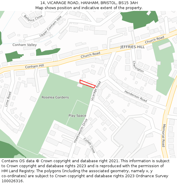 14, VICARAGE ROAD, HANHAM, BRISTOL, BS15 3AH: Location map and indicative extent of plot