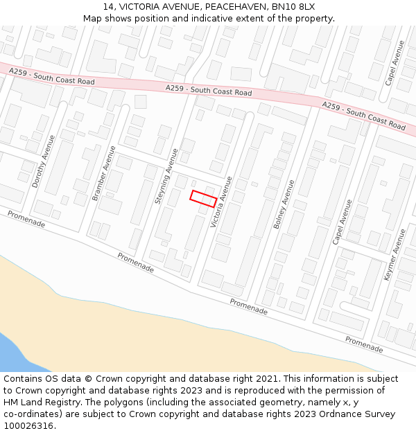 14, VICTORIA AVENUE, PEACEHAVEN, BN10 8LX: Location map and indicative extent of plot