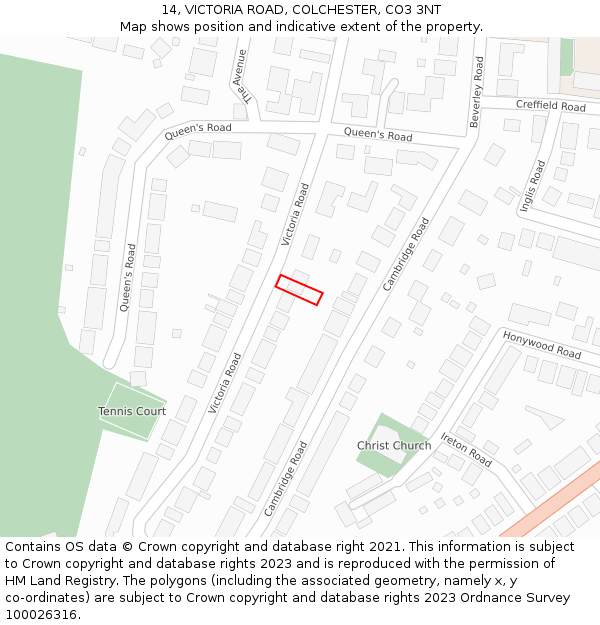 14, VICTORIA ROAD, COLCHESTER, CO3 3NT: Location map and indicative extent of plot