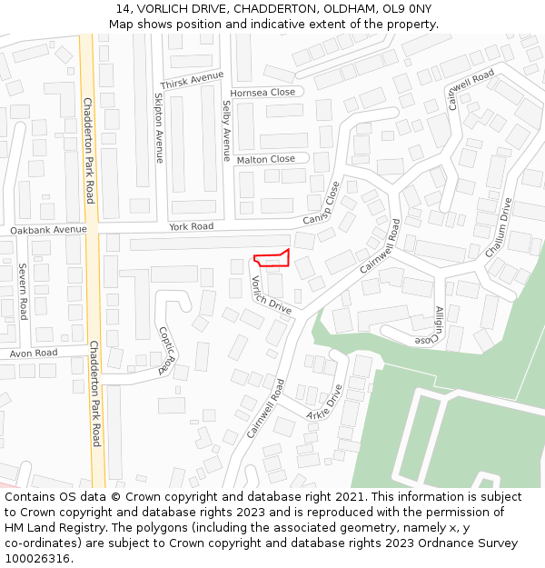 14, VORLICH DRIVE, CHADDERTON, OLDHAM, OL9 0NY: Location map and indicative extent of plot