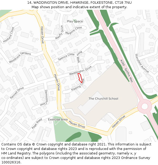 14, WADDINGTON DRIVE, HAWKINGE, FOLKESTONE, CT18 7NU: Location map and indicative extent of plot