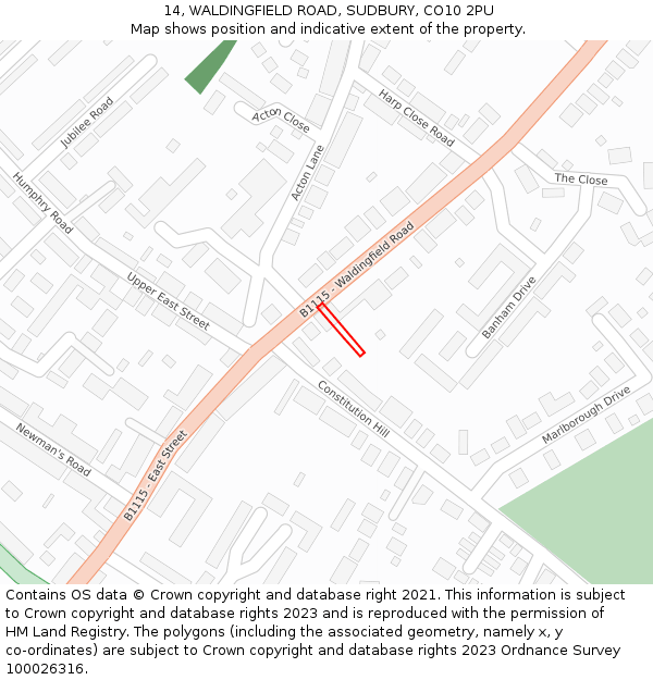 14, WALDINGFIELD ROAD, SUDBURY, CO10 2PU: Location map and indicative extent of plot