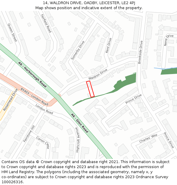 14, WALDRON DRIVE, OADBY, LEICESTER, LE2 4PJ: Location map and indicative extent of plot