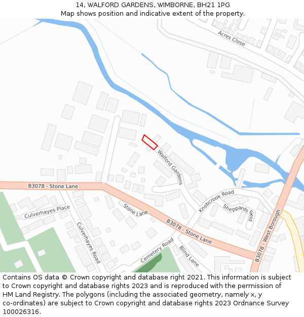 14, WALFORD GARDENS, WIMBORNE, BH21 1PG: Location map and indicative extent of plot