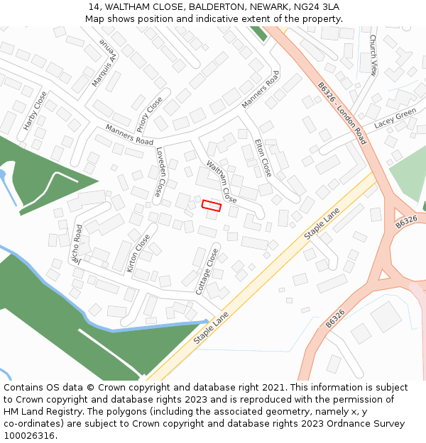 14, WALTHAM CLOSE, BALDERTON, NEWARK, NG24 3LA: Location map and indicative extent of plot