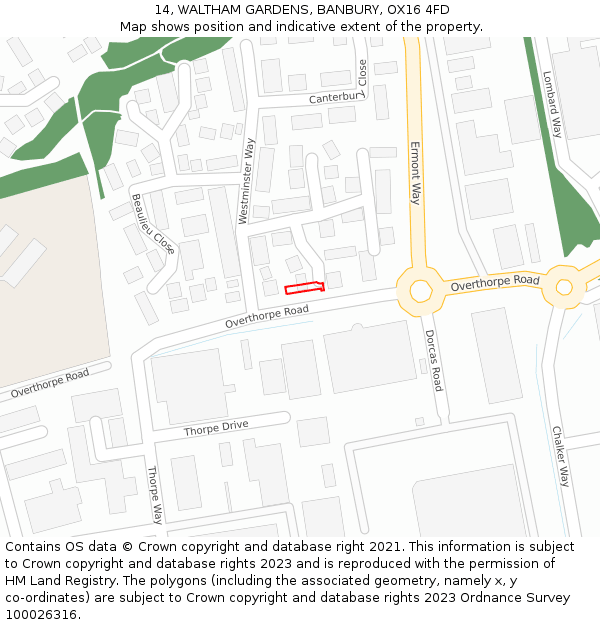 14, WALTHAM GARDENS, BANBURY, OX16 4FD: Location map and indicative extent of plot