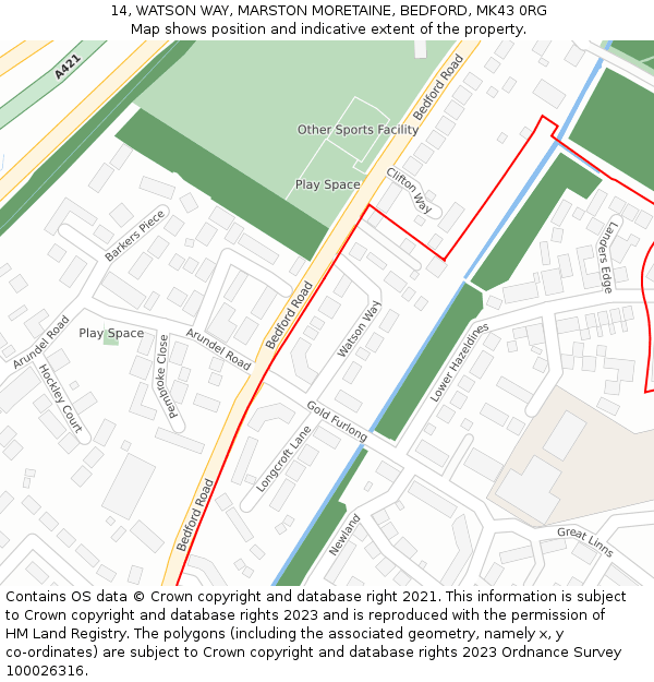 14, WATSON WAY, MARSTON MORETAINE, BEDFORD, MK43 0RG: Location map and indicative extent of plot