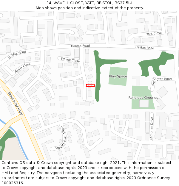 14, WAVELL CLOSE, YATE, BRISTOL, BS37 5UL: Location map and indicative extent of plot