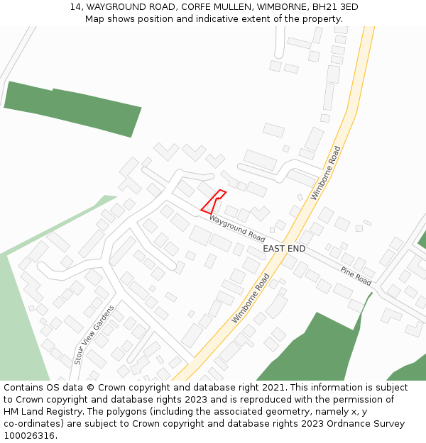 14, WAYGROUND ROAD, CORFE MULLEN, WIMBORNE, BH21 3ED: Location map and indicative extent of plot