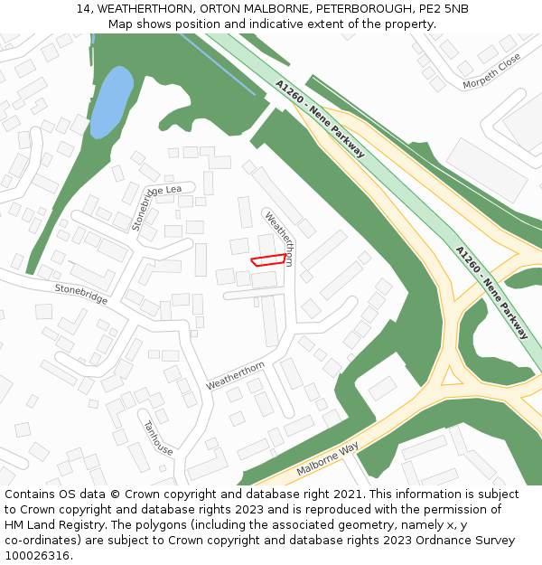 14, WEATHERTHORN, ORTON MALBORNE, PETERBOROUGH, PE2 5NB: Location map and indicative extent of plot