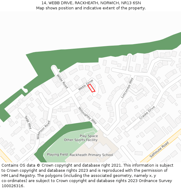 14, WEBB DRIVE, RACKHEATH, NORWICH, NR13 6SN: Location map and indicative extent of plot