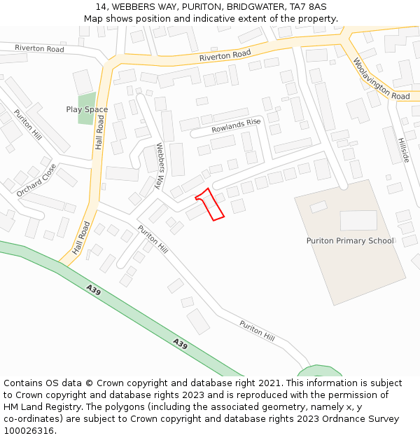 14, WEBBERS WAY, PURITON, BRIDGWATER, TA7 8AS: Location map and indicative extent of plot