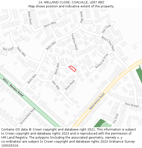 14, WELLAND CLOSE, COALVILLE, LE67 4BZ: Location map and indicative extent of plot