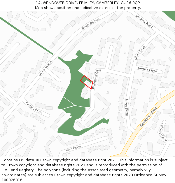 14, WENDOVER DRIVE, FRIMLEY, CAMBERLEY, GU16 9QP: Location map and indicative extent of plot