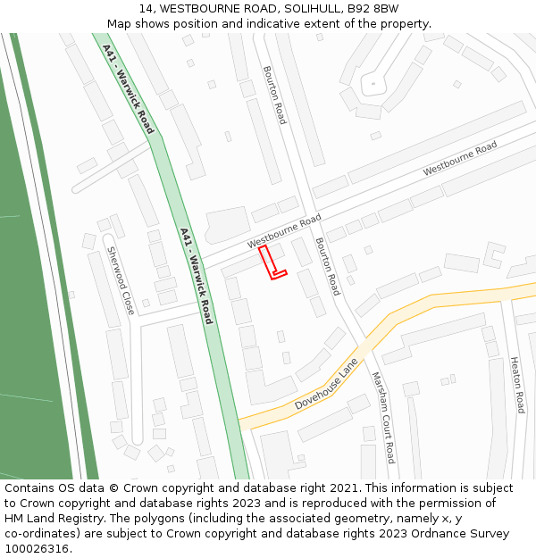 14, WESTBOURNE ROAD, SOLIHULL, B92 8BW: Location map and indicative extent of plot