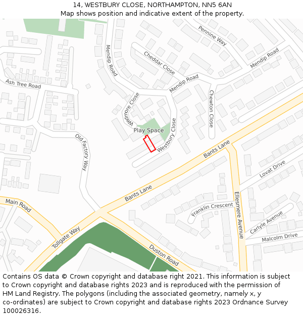 14, WESTBURY CLOSE, NORTHAMPTON, NN5 6AN: Location map and indicative extent of plot