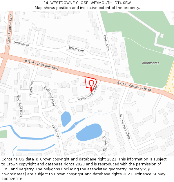 14, WESTDOWNE CLOSE, WEYMOUTH, DT4 0RW: Location map and indicative extent of plot