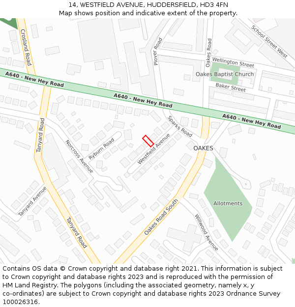 14, WESTFIELD AVENUE, HUDDERSFIELD, HD3 4FN: Location map and indicative extent of plot